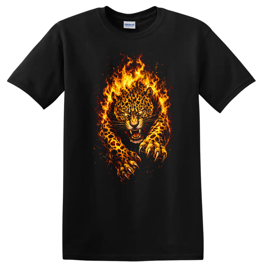 Fiery Leopard Panther T Shirt Wild Flaming Big Cat Animal Graphic - Black