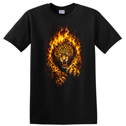 Fiery Leopard Panther T Shirt Wild Flaming Big Cat Animal Graphic - Black