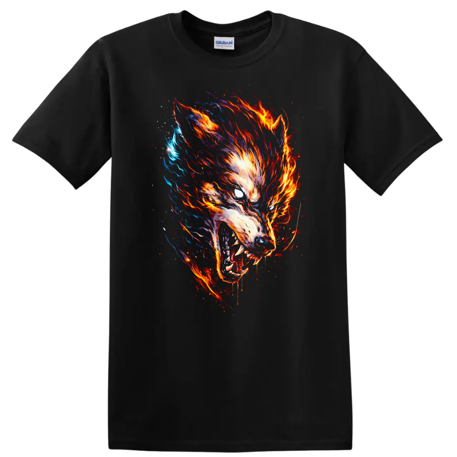 Fiery Wolf Head Graphic T Shirt for Animal Art Lovers - Black