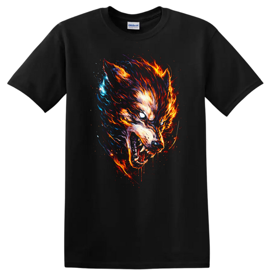 Fiery Wolf Head Graphic T Shirt for Animal Art Lovers - Black