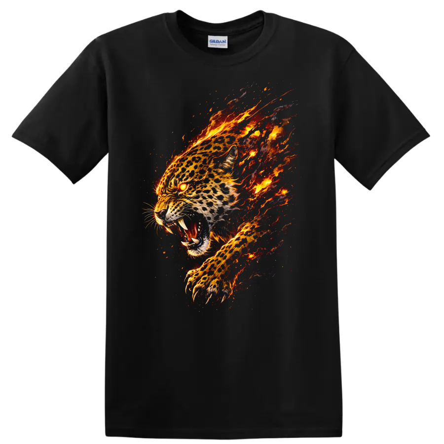 Fiery Flaming Leopard Head T Shirt Bold Animal Graphic for Nature Lovers - Black
