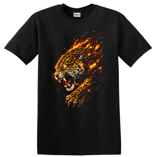 Fiery Flaming Leopard Head T Shirt Bold Animal Graphic for Nature Lovers - Black