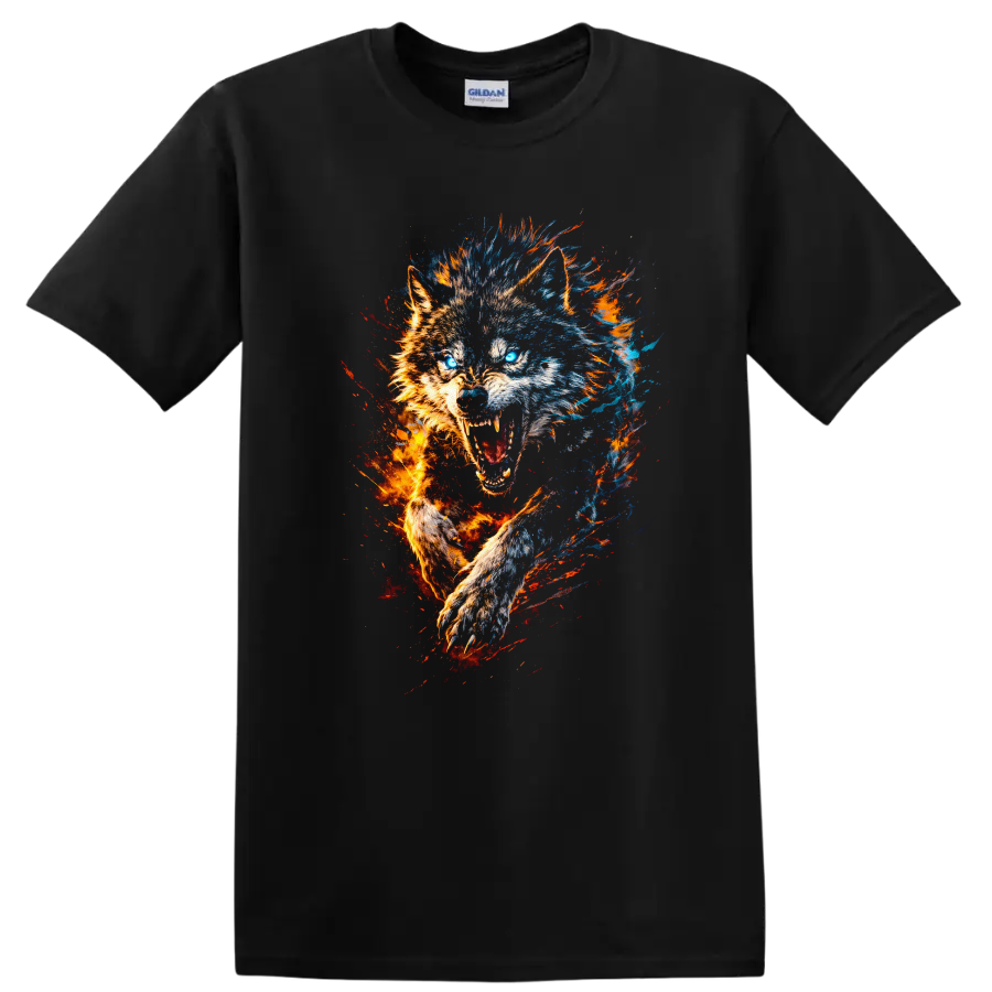 Fiery Wolf Head Graphic T Shirt Blue and Orange Energy Splash - Black