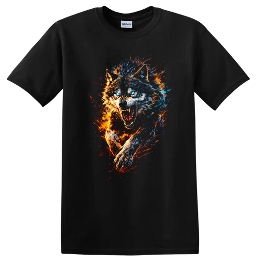 Fiery Wolf Head Graphic T Shirt Blue and Orange Energy Splash - Black