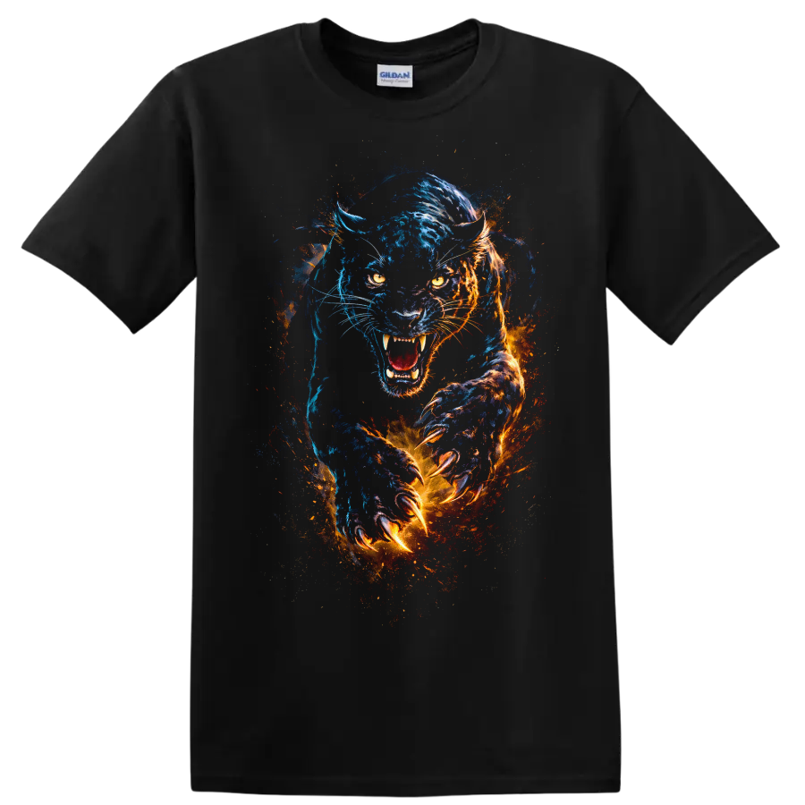 Blue and Orange Fierce Panther Watercolor T Shirt for Animal Lovers - Black