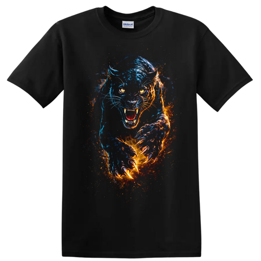 Blue and Orange Fierce Panther Watercolor T Shirt for Animal Lovers - Black