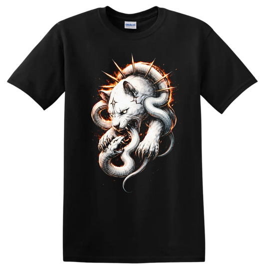 White Panther and Snake Flame Art T Shirt for Animal Lovers - Black