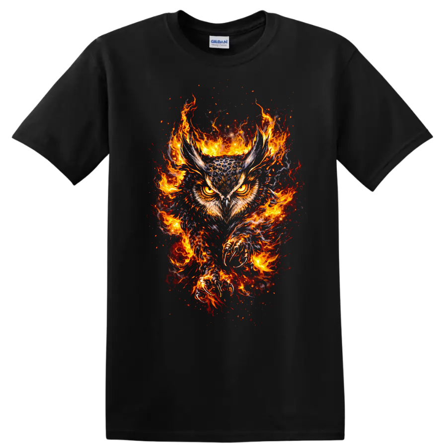Fiery Owl with Flaming Wings Animal Graphic T Shirt - Black