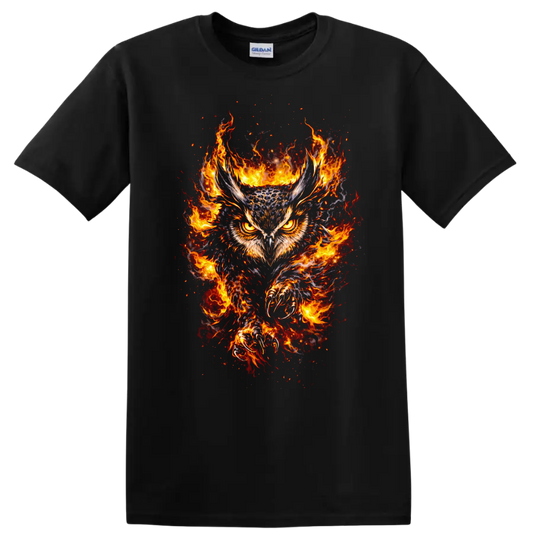 Fiery Owl with Flaming Wings Animal Graphic T Shirt - Black