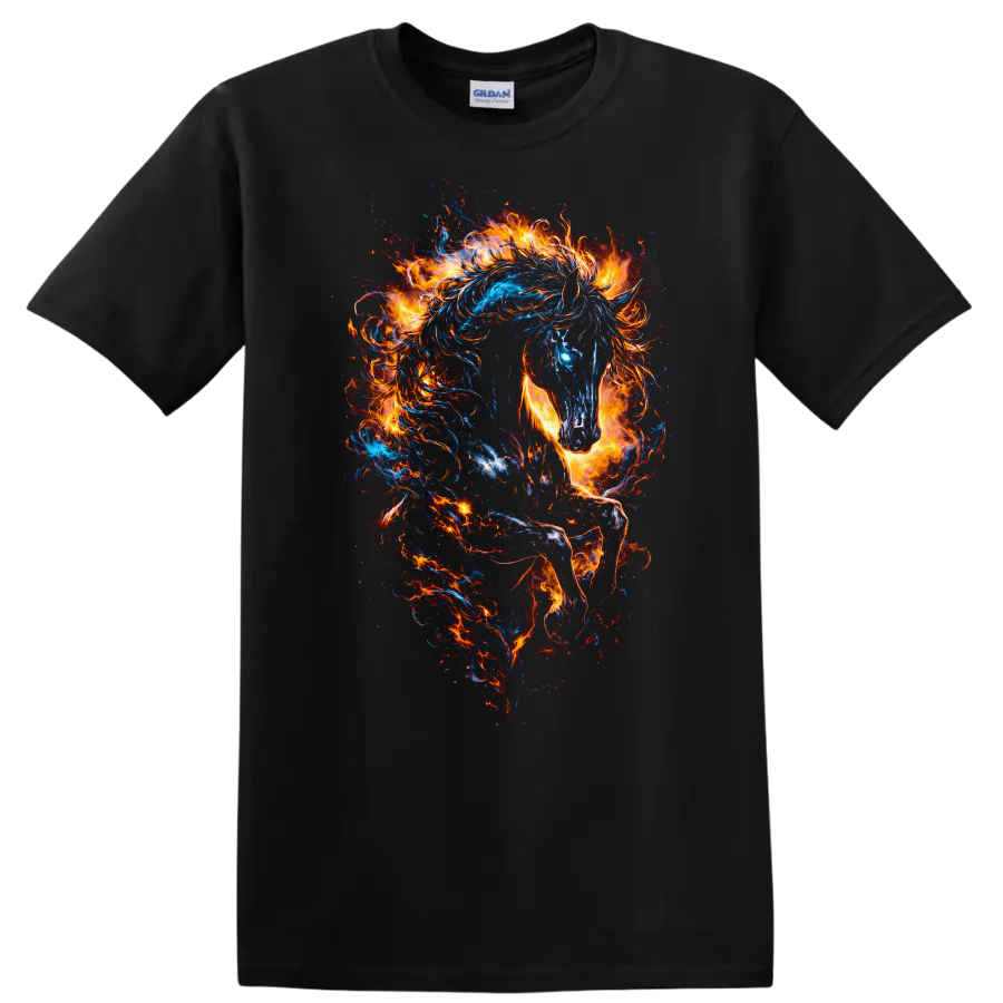 Fiery Blue and Orange Horse Art T Shirt for Animal Lovers - Black