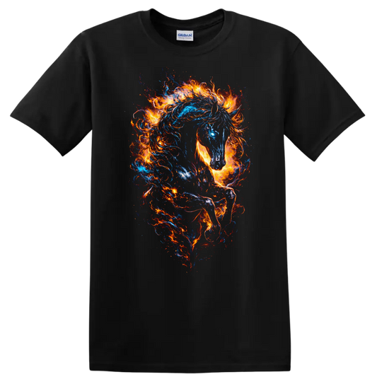 Fiery Blue and Orange Horse Art T Shirt for Animal Lovers - Black