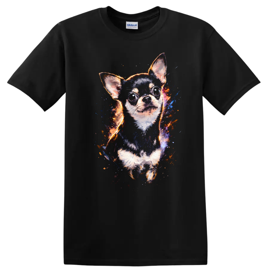 Colorful Chihuahua Portrait T Shirt for Dog Lovers Vibrant Splash Art on a Black T Shirt