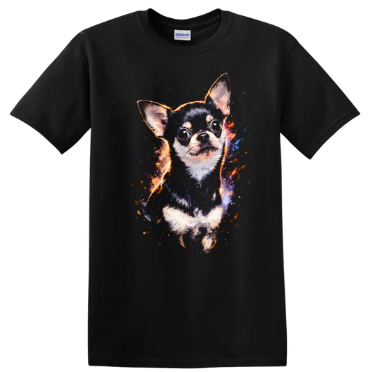 Colorful Chihuahua Portrait T Shirt for Dog Lovers Vibrant Splash Art on a Black T Shirt