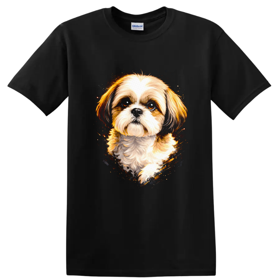 Shih Tzu Dog Portrait Watercolor Splash T Shirt on a Black T Shirt