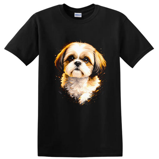 Shih Tzu Dog Portrait Watercolor Splash T Shirt on a Black T Shirt