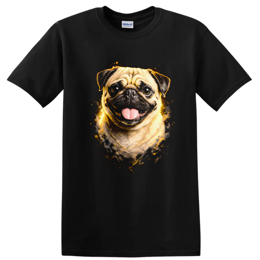 Funny Pug Dog Portrait Splash Art T Shirt for Dog Lovers on a Black T Shirt