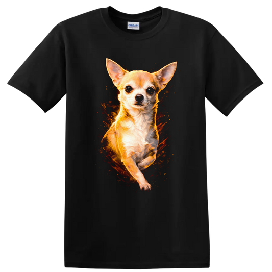 Chihuahua Dog Portrait Fire Burst Graphic T Shirt for Dog Lovers on a Black T Shirt