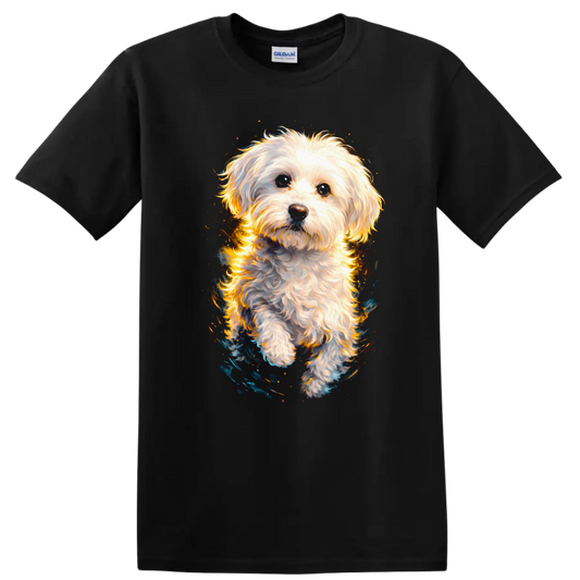 Fluffy White Dog Portrait T Shirt for Dog Lovers and Pet Fans on a Black T Shirt
