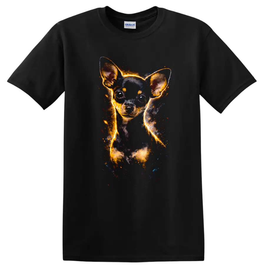 Glowing Chihuahua Puppy Portrait T Shirt for Dog Lovers on a Black T Shirt