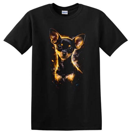 Glowing Chihuahua Puppy Portrait T Shirt for Dog Lovers on a Black T Shirt