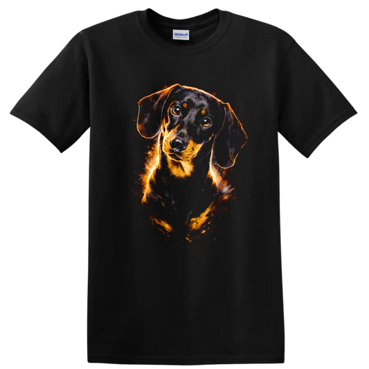 Dachshund Dog Portrait T Shirt Fiery Neon Art for Dog Lovers on a Black T Shirt