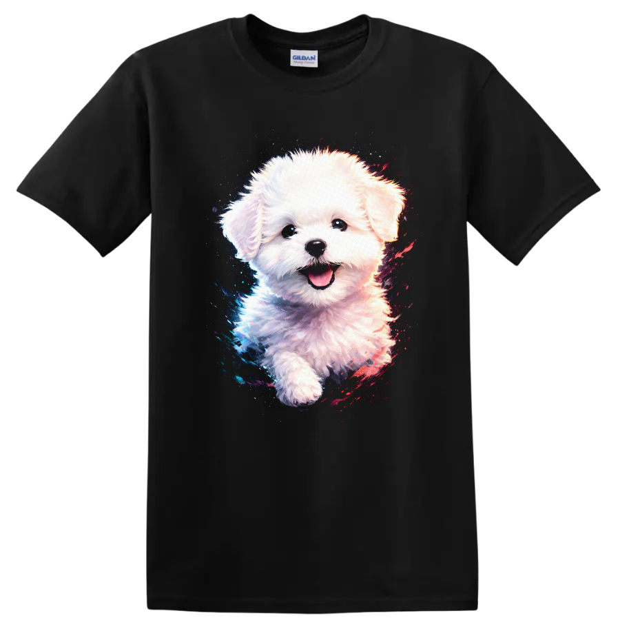 Cute White Puppy Dog Portrait T Shirt Colorful Neon Splash - Black