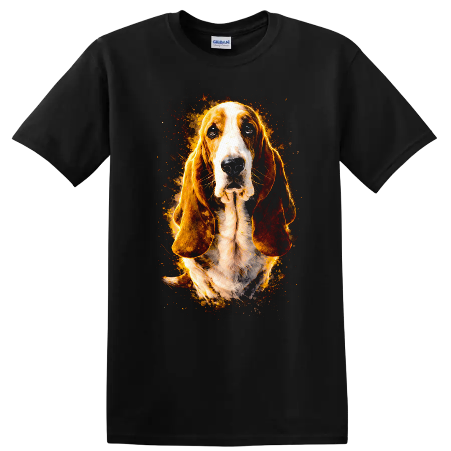 Basset Hound Dog Portrait Flame Art T Shirt for Dog Lovers on a Black T Shirt
