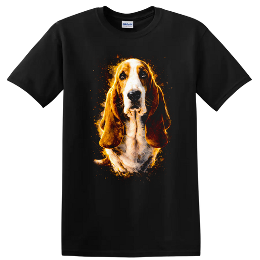Basset Hound Dog Portrait Flame Art T Shirt for Dog Lovers on a Black T Shirt
