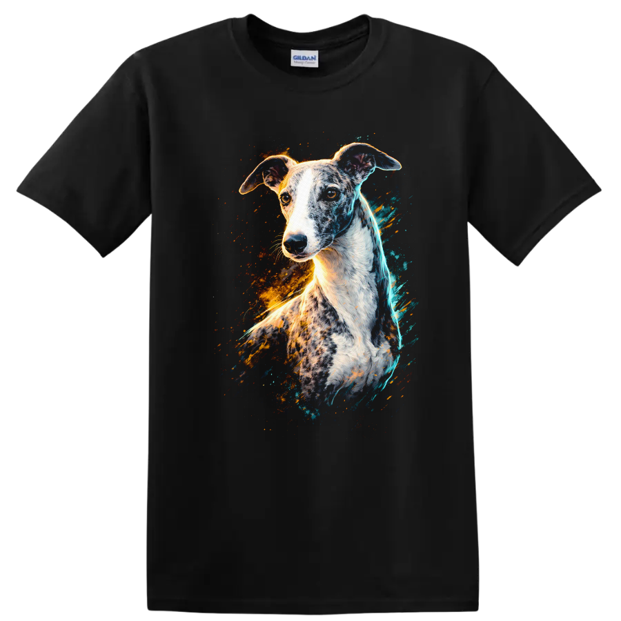 Greyhound Dog Splash Art T Shirt Colorful Neon Breed Portrait on a Black T Shirt