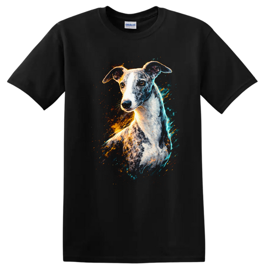 Greyhound Dog Splash Art T Shirt Colorful Neon Breed Portrait on a Black T Shirt