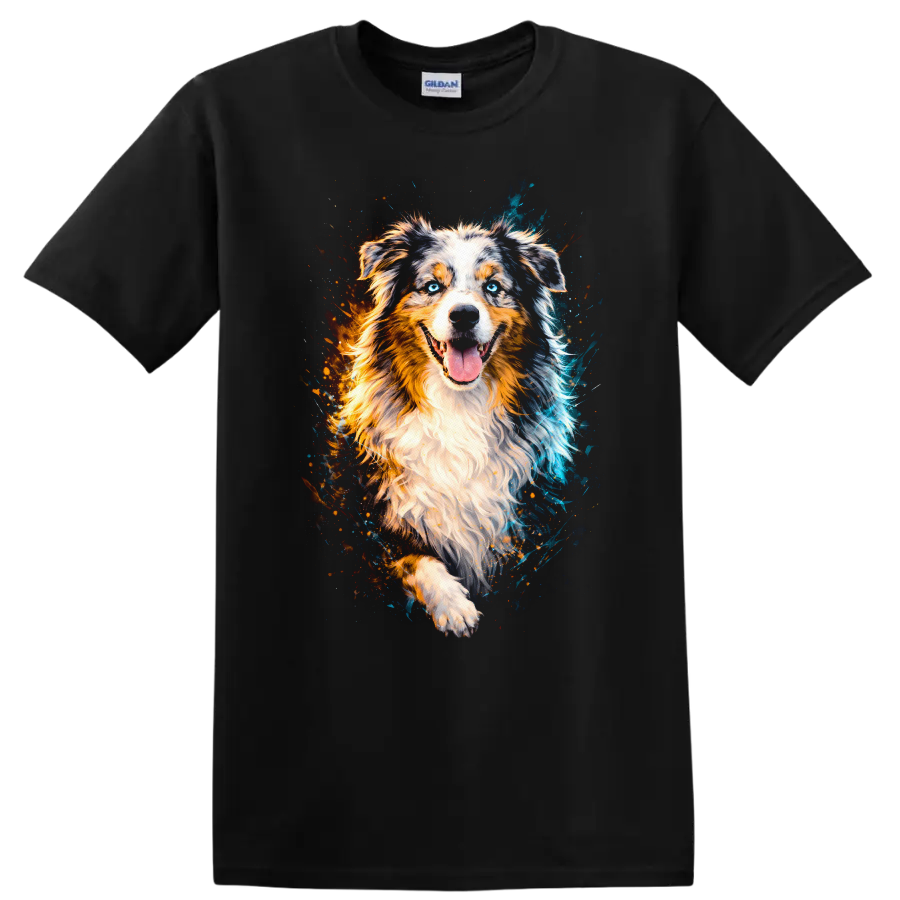 Australian Shepherd Dog Watercolor Portrait T Shirt for Dog Lovers on a Black T Shirt