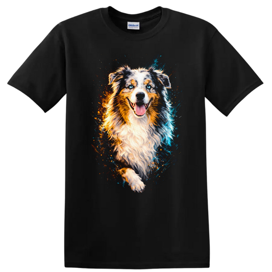 Australian Shepherd Dog Watercolor Portrait T Shirt for Dog Lovers on a Black T Shirt