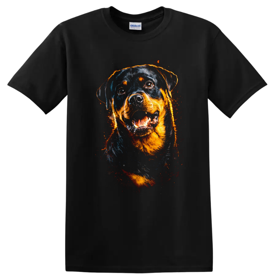 Rottweiler Dog Portrait T Shirt Fierce Fire Glow Pet Lover Graphic on a Black T Shirt