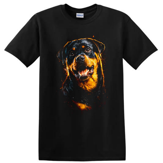 Rottweiler Dog Portrait T Shirt Fierce Fire Glow Pet Lover Graphic on a Black T Shirt