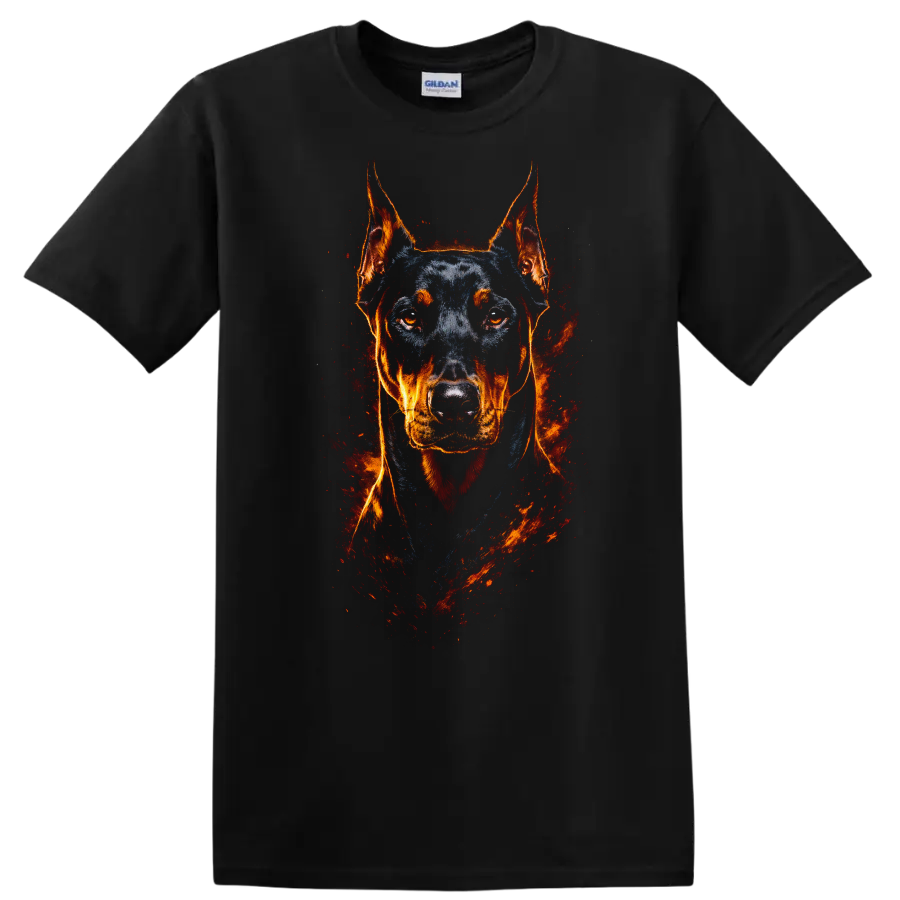 Doberman Pinscher Fire Portrait T Shirt Fierce Dog Lover Graphic on a Black T Shirt