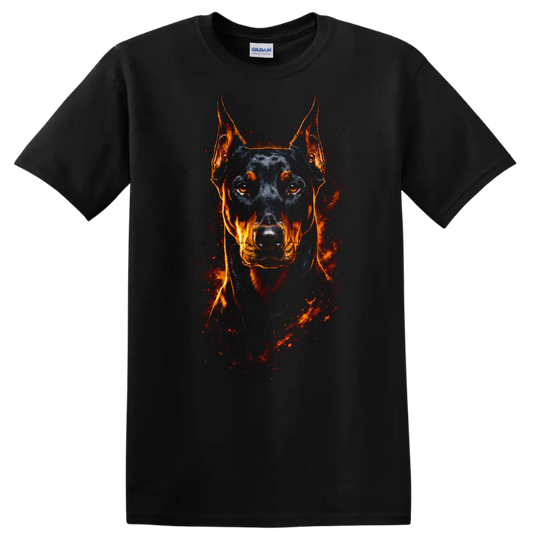 Doberman Pinscher Fire Portrait T Shirt Fierce Dog Lover Graphic on a Black T Shirt