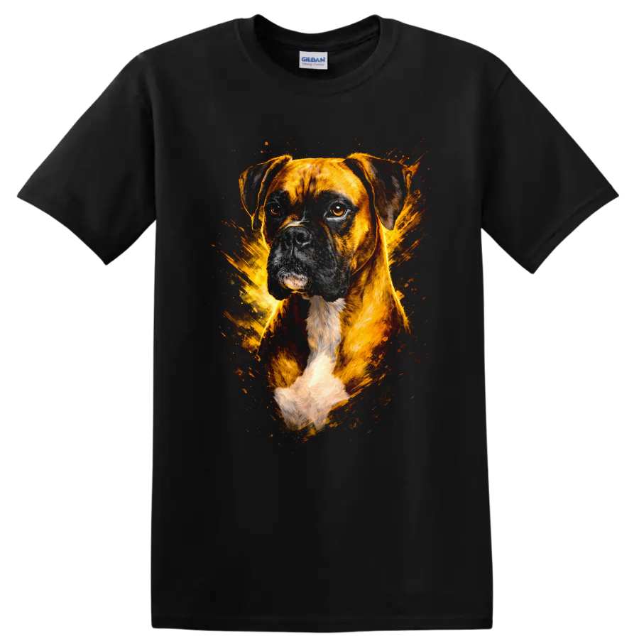 Boxer Dog Portrait Splash Art T Shirt for Dog Lovers on a Black T Shirt