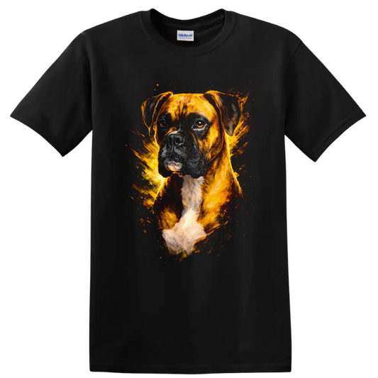 Boxer Dog Portrait Splash Art T Shirt for Dog Lovers on a Black T Shirt
