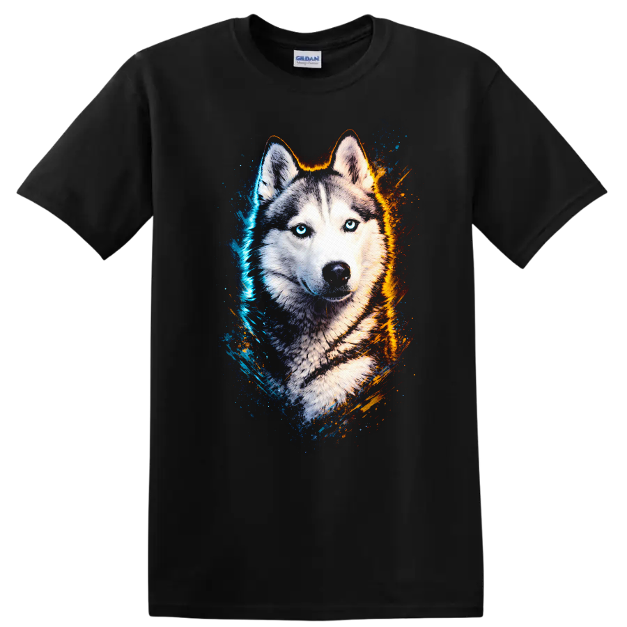 Blue Eyed Husky Portrait T Shirt Vibrant Splash Art Dog Lover Gift on a Black T Shirt