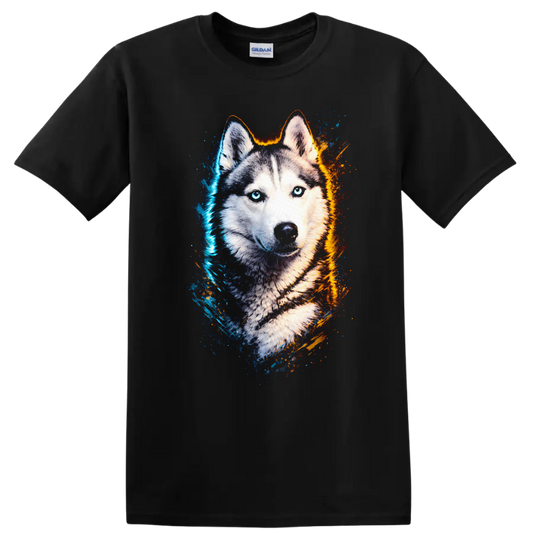 Blue Eyed Husky Portrait T Shirt Vibrant Splash Art Dog Lover Gift on a Black T Shirt
