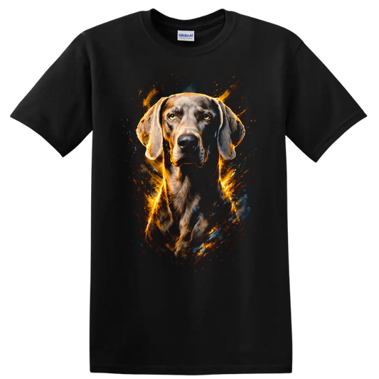 Flame Art Weimaraner Dog Portrait Unisex T Shirt for Dog Lovers on a Black T Shirt
