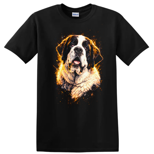 Saint Bernard Splash Art Dog Portrait T Shirt for Breed Lovers on a Black T Shirt