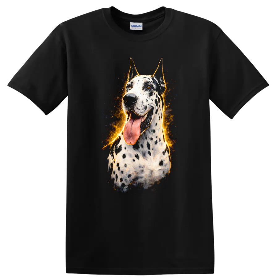 Flaming Dalmatian Dog Portrait Fire Burst T Shirt for Dog Lovers on a Black T Shirt