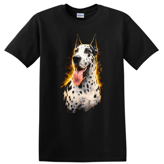 Flaming Dalmatian Dog Portrait Fire Burst T Shirt for Dog Lovers on a Black T Shirt