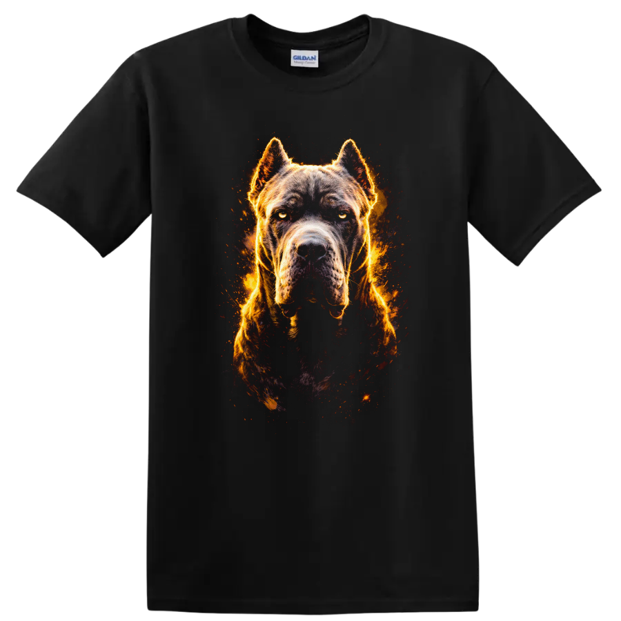 Aggressive Pitbull Dog Fire Glow Graphic T Shirt on a Black T Shirt
