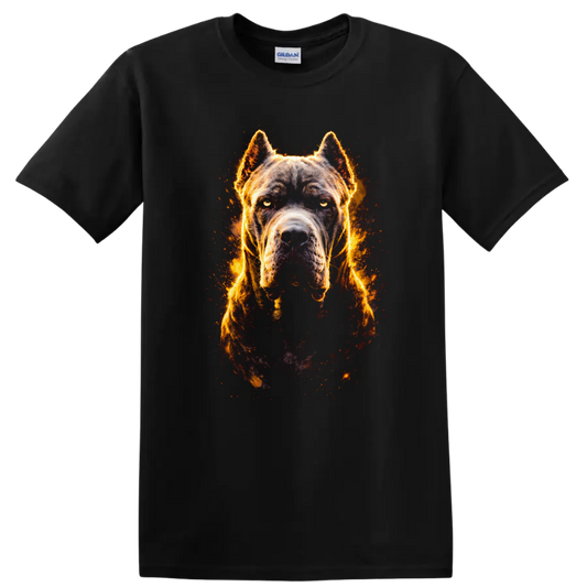 Aggressive Pitbull Dog Fire Glow Graphic T Shirt on a Black T Shirt