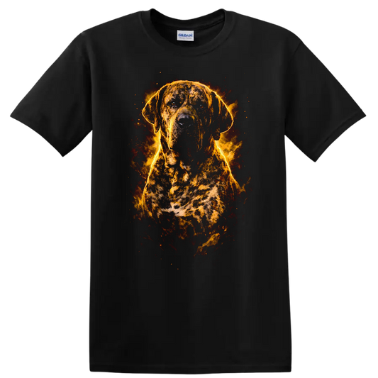 Brindle Dog Flame Portrait T Shirt for Dog Lovers Fiery Art Design on a Black T Shirt