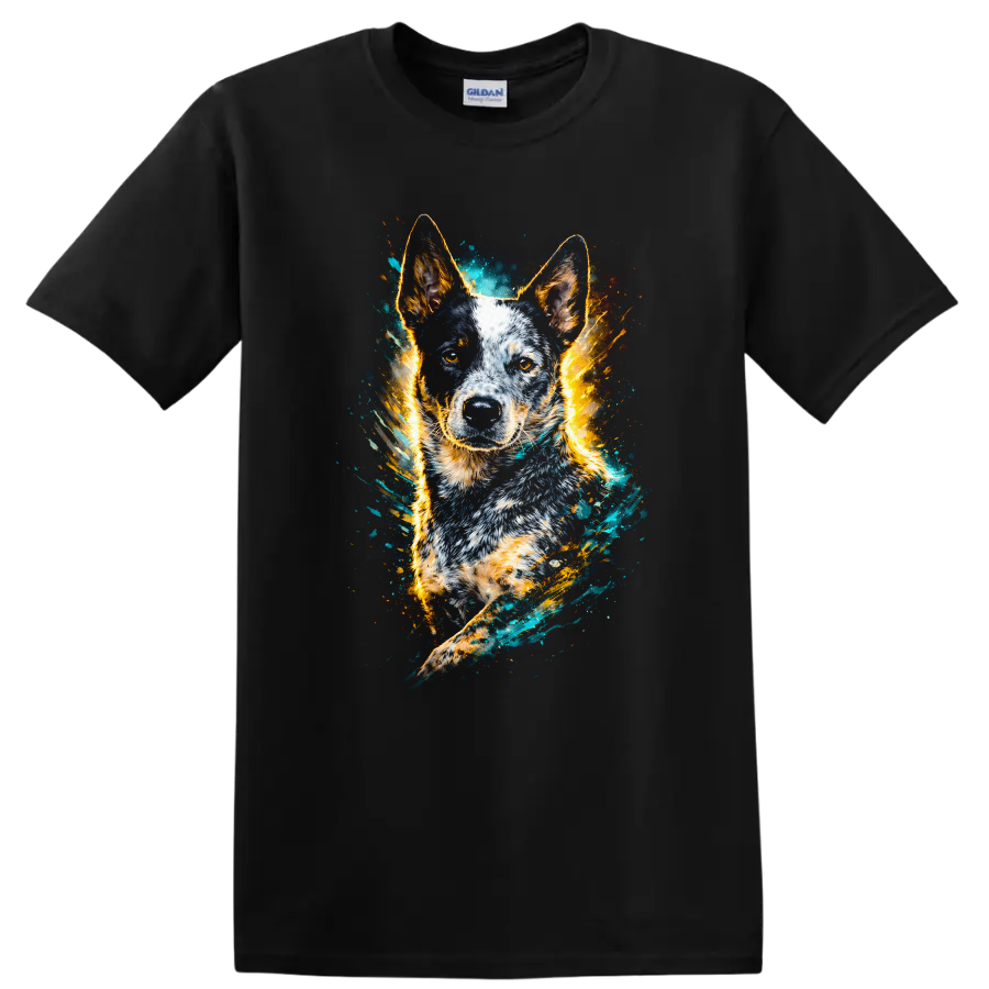 Blue Heeler Dog Portrait Watercolor Splash T Shirt for Dog Lovers on a Black T Shirt