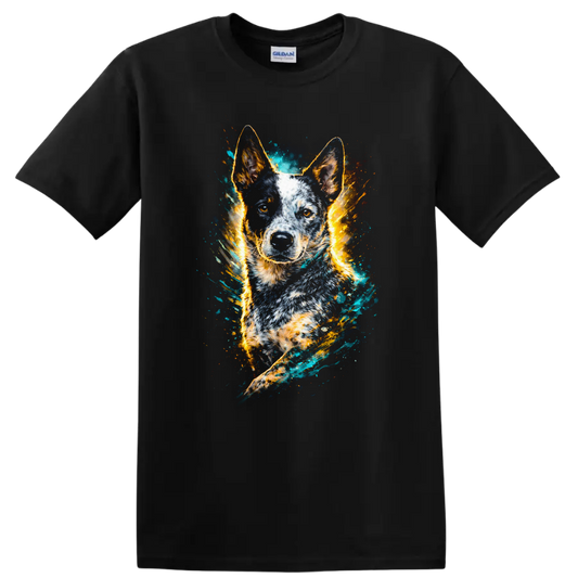 Blue Heeler Dog Portrait Watercolor Splash T Shirt for Dog Lovers on a Black T Shirt