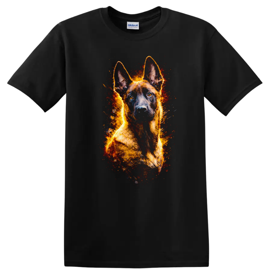 German Shepherd Fire Glow T Shirt for Dog Lovers and Owners on a Black T Shirt